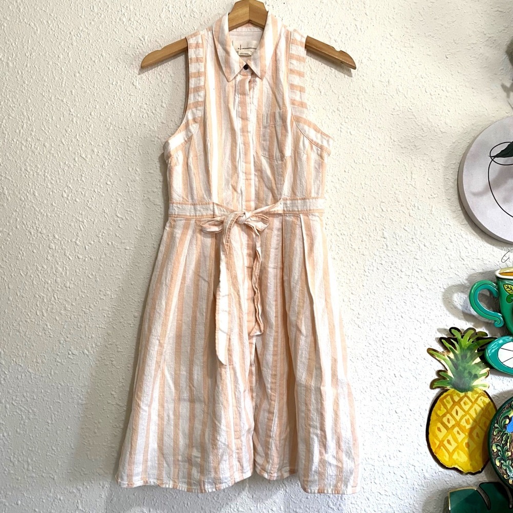 Anthropologie Linen blend Striped Sleeveless Shirt Dress White Size 2 summer